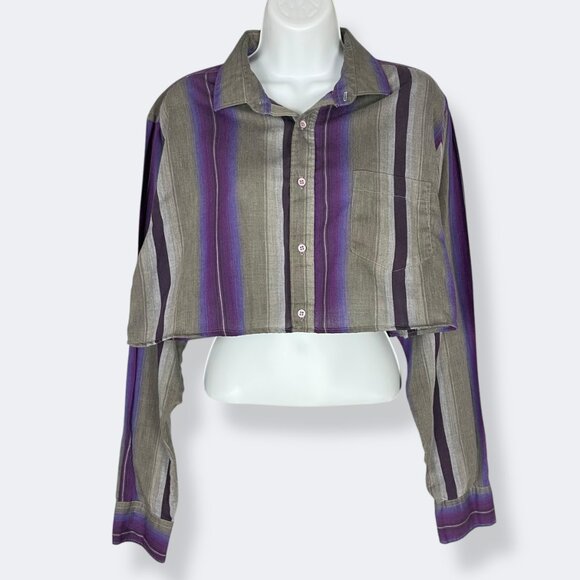 Vintage Tops - Vintage Striped Shirt Cropped DIY from Man's Shirt Women's Top Long Sleeve Retro